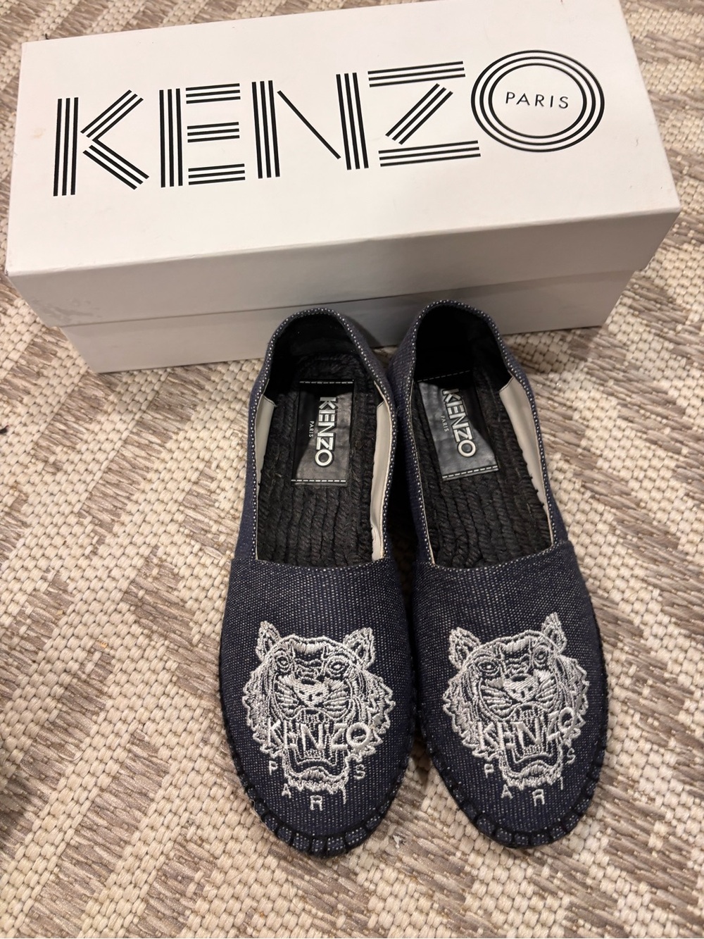 Kenzo Navy Denim Tiger Embroidered Slip-On Flats